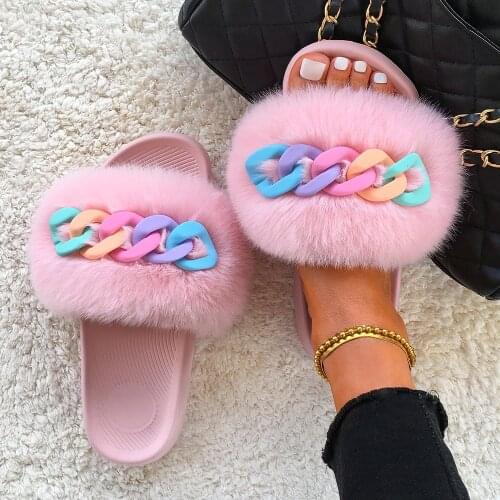 Furry Slippers Fur Slides For Women Faux Fur Flip Flops Ladies Chain Decoration Summer Sandals House Fluffy Slippers Flat Shoes