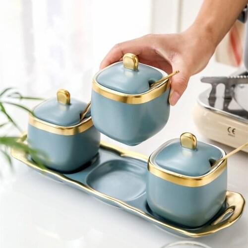 Set of 3 Ceramic Spice Jar Salt Pepper Storage Box Container with Tray Spoon Rack Kitchen Accessories Tools Gadget Organizer