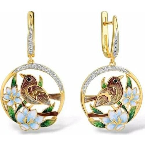 New Fashion Exquisite Cloisonne Gold Bird Flowers Jewelry Ms. Engagement Wedding Banquet Gift Earrings