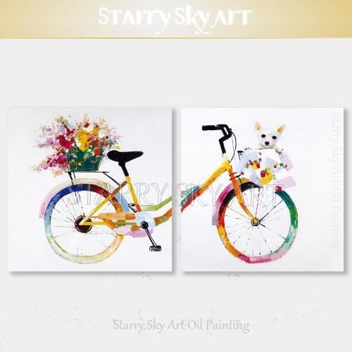 Professional Artist Hand-painted High Quality Modern Fine Art Bike and Dog Oil Painting on Canvas Couple Painting for Wall Decor