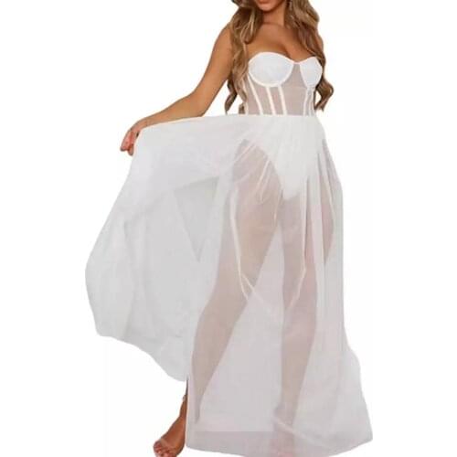 Padded Sexy Dress Women See-through Mesh Slip Dress High Split Leg High Waist Night Party Fashion Queen Maxi Dress 2020