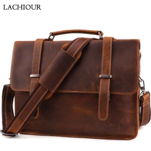 Vintage Crazy Horse Leather Messenger Bag Men Real Leather Handbags 14 Inch Laptop Bag Business Travel Shoulder Bag