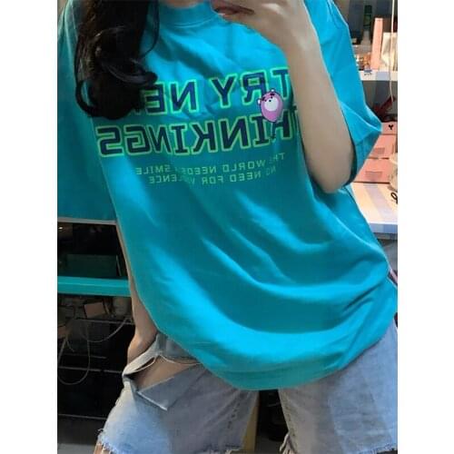 2021 summer t-shirt womens short-sleeved lake green design sense niche mid-length loose Korean style chic T-shirt tide