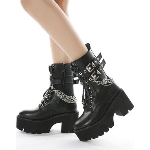Goth Demonia boots Platform High Chunky Heel Black Bat Buckle Punk Mid Calf Patent Leather Wolfe Winter Boots Women Plus Size 43