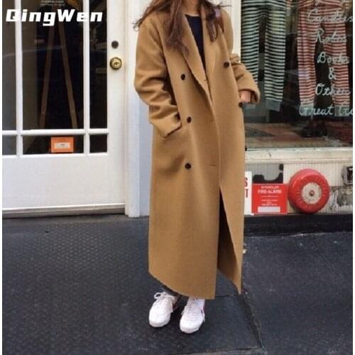 Women Autumn Winter Korea French Retro Double-Breasted Long Woolen Coat Ladies Long Sleeve Overcoat Parka Jacket casaco feminino