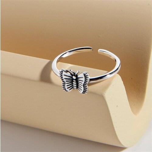 New Simple Personality Retro Distressed Small Butterfly Female 925 Sterling Silver Jewelry Temperament Opening Rings R203