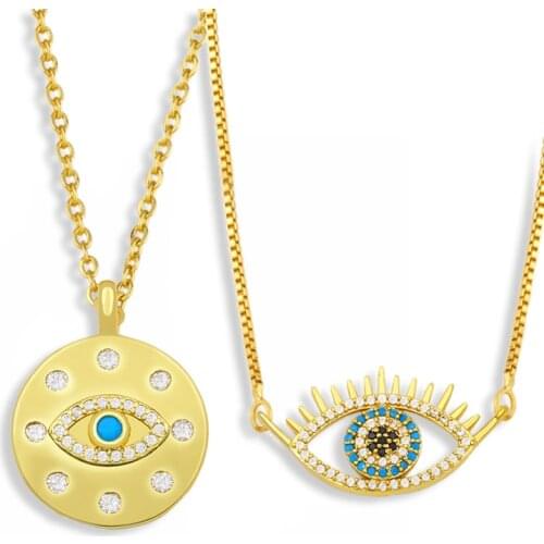 FLOLA Gold Evil Eye Necklace For Women Round Blue Eye Clavicle Chain Necklace Pendant Zirconia Turkish Eye Jewelry Gifts nkes88
