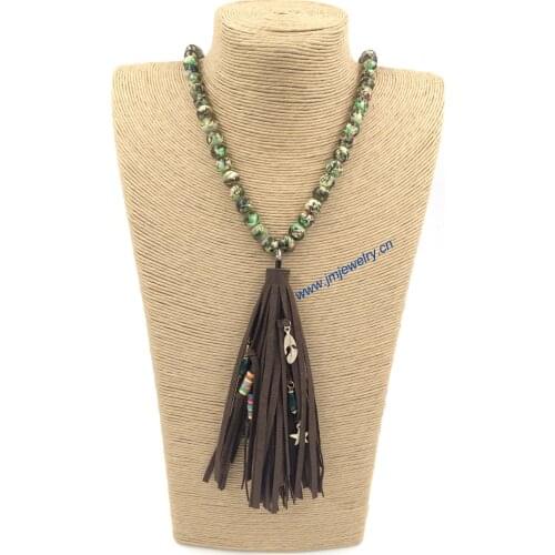 2016 New personalized handmade jewelry supplier long beaded chain leather tessal pendents unique boho long Necklaces for women