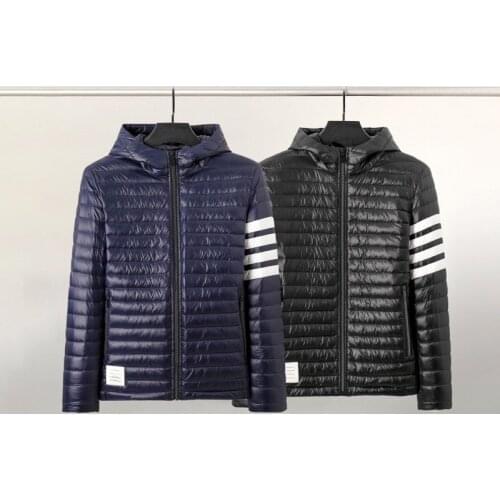 2021 Fashion Brand Men Down Coats Slim Fit Hooded Light Down Jacket Striped Solid Thin Casual Winter Clothing Male