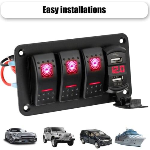 4 Gang Toggle Rocker Switch Panel with USB for Car Boat Marine For RV Truck Red LED