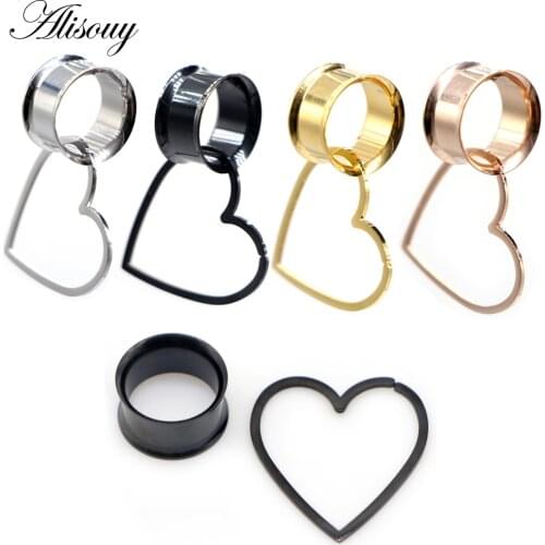 Alisouy 2pcs new detachable heart shape dangle ear plugs piercing body jewelry stainless steel ear gauges tunnels stretchers