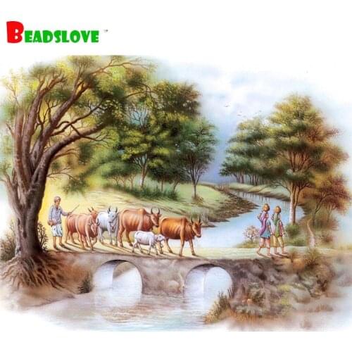 Diamond painting country landscape, cow farmer, Indian style diamond embroidery full square round rhinestone mosaic decor pictur