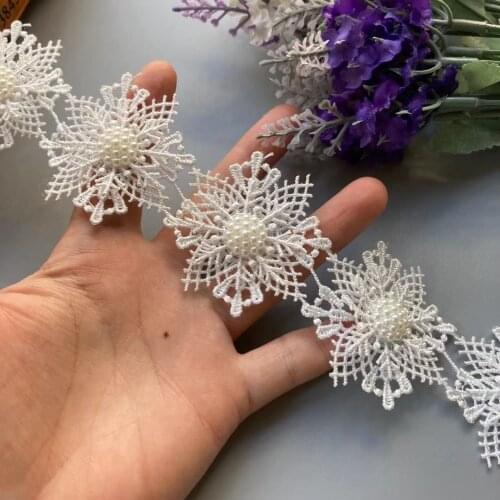 10x White Snowflake Pearl Handmade Beaded Flower Embroidered Lace Trim Ribbon Double Layered Applique Dress DIY Sewing Craft 5cm