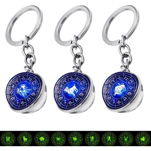 Glow In The Dark Zodiac Sign Glass Ball Crystal Keychain Accessories Scorpio Leo Aries 12 Constellation Luminous Car Keychain