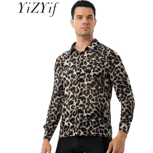 Mens Turn-down Collar Long Sleeve Shirt Top Leopard Print Button Shirt Party Nightclub Clubwear Fashion See-through Tops