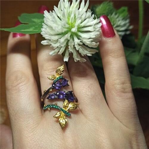 GEMS BALLET 925 Sterling Silver Branch Butterfly Rings 1.46Ct Natural Amethyst Original Open Adjustable Ring for Women Bijoux