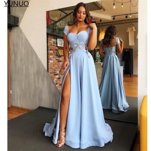 YUNUO Sky Blue High Side Slit Prom Dresses Elegant Appliques Satin Evening Party Gown Sweetheart Cap Sleeves платье на выпускной