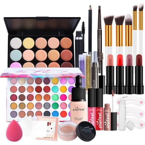 POPFEEL All In One Makeup Kit(Eyeshadow, LiGloss,Lipstick,Brushes,Eyebrow,Concealer)Beauty Cosmetic Bag