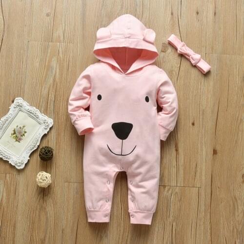 Casual Hooded Romper For Newborn Baby Boys Girls With Headband Solid Color 100% Pure Cotton Print Infant Baby Fall Outfits