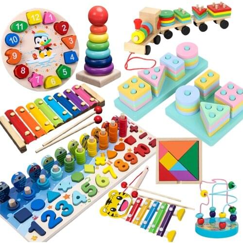 QWZ New Montessori Educational Wooden Toys Geometric Shape Cognition Puzzle Toys Math Toys Early Educational Toys for Children