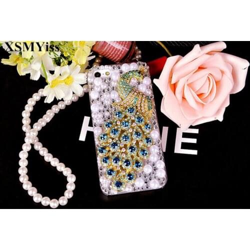 XSMYiss Bling Diamond Pearl Case For Samsung S6 S7 S8 S9 S10 PLUS S10 Lite Note5 8 9 Luxury Bling Big peacock soft Phone Case