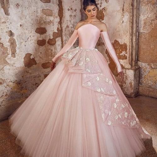 Pink Evening Dress Beaded Applique Long Sleeve Prom Dresses Vestidos De Fiesta Customize Strapless Formal Celebrity Gowns