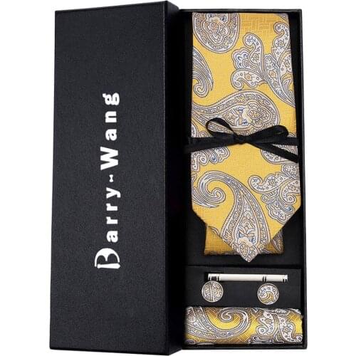 TS-1730 Barry.Wang 2018 Mens Ties Necktie Hanky Cufflinks Set With Gift Yellow Paisley Ties For Men Wedding Business Party
