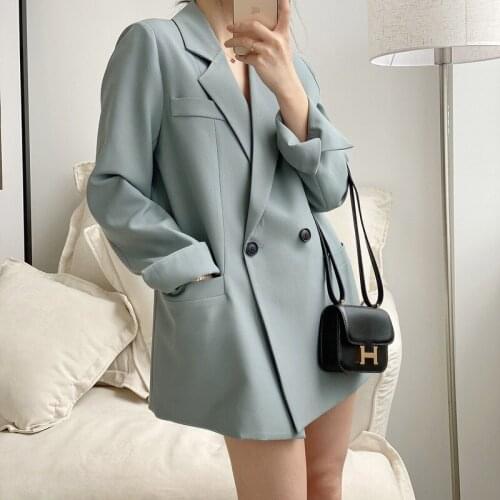 Women Elegant V Neck Blue Blazers Mid Length Double Breasted Solid Colors Loose Suits Office Lady All Match Long Sleeve Blazer