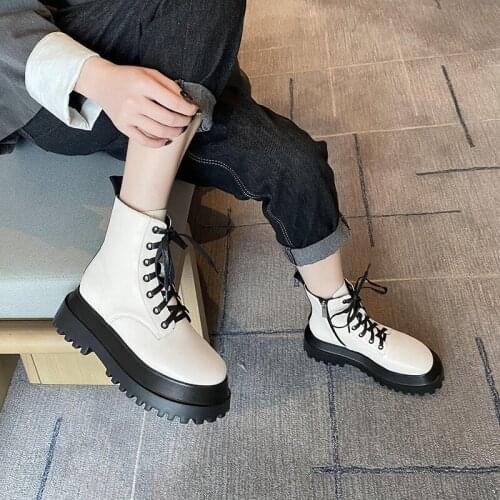 2020 Boots Female Leather Booties Lace Up White Black Winter Women Shoes Non-slip Girl Boots Combat Shoes Botas De Mujer R14-38