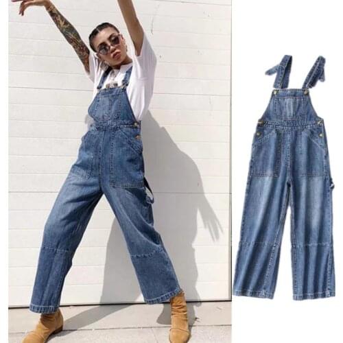 Spring autumn High waist Loose Denim Bib Female Retro Port Wind Wide Leg Suspender Jumpsuit Overalls women