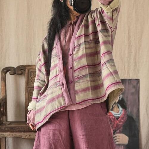 Johnature Women Cotton Linen Vintage Jackets Striped Coats 2021 New Spring Button V-neck Long Sleeve Female Jackets Coat