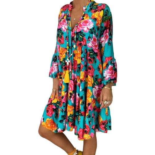 S-5XL Fashion Printed Plus Size Women Dresses Summer 2020 Long Sleeve Button Loose Mini Dress Big Swing Boho Dress Women Vestido
