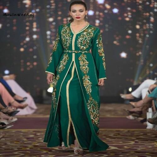Luxury Hunter Green Morrocan Evening Dress 2020 Glitter Sequined Long Sleeve Prom Dresses Elegant Formal Women Party Dress Funny