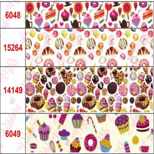 16mm-75mm Colorful Doughnut Chocolate Cookies Cupcake Cloud Printed Grosgrain/Foe Ribbon DIY Hair Bowknots 50yards/roll
