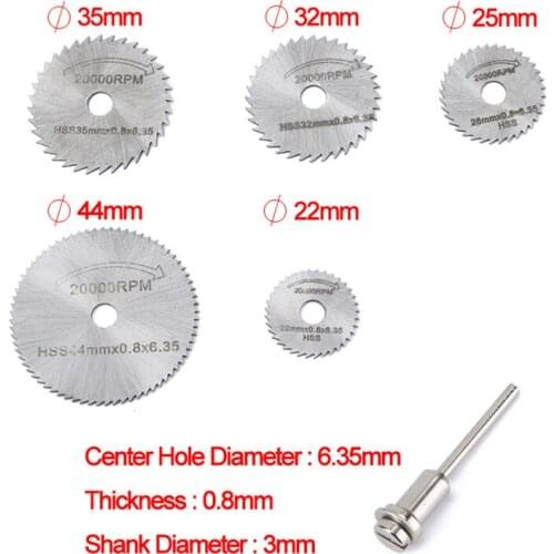 6Pcs/set Dremel Accessories HSS Circular Saw Blades Cutting Disc Mandrel Rotary Drill Wood Cutting Power Tools 22/25/32/35/44mm