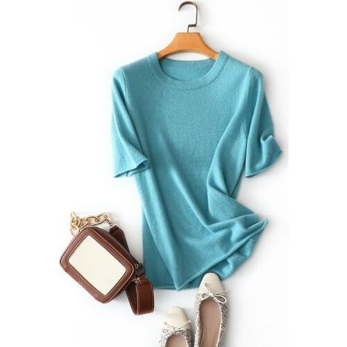 Aliaga 2020 spring autumn new style short sleeve solid color crew neck quality 100% cashmere sweater women