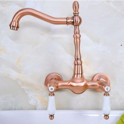 Antique Red Copper Brass Wall Mounted Bathroom Kitchen Sink Faucet Swivel Spout Mixer Tap Dual Ceramics Handles Levers anf947