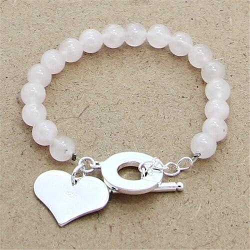 925 Sterling Silver Bracelet 8MM Pink Crystal Heart Pendant Bracelet For Woman Charm Jewelry Gift