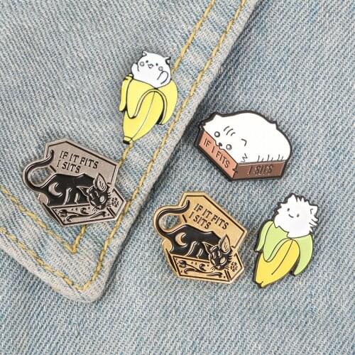 Cat Box Banana Kitten Enamel Pins Fun Animal Brooch Denim Shirt Pin Cartoon Punk Badge Bag Lapel Jewelry Gift for Kids Friends