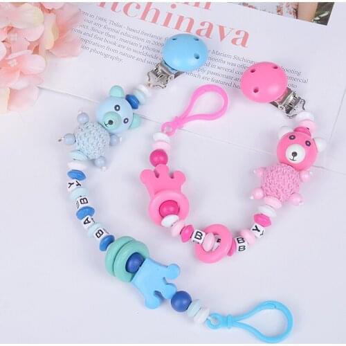 Baby Pacifier holder chain cartoon baby soother toys wooden beads