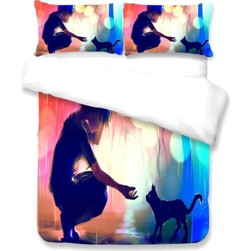 Animation Aesthetic Scenery Duvet Cover Girl Feeding Cat In Rain Pattern Decorative 3 Pcs Bedding Set with Pillowcase Full Size