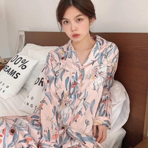Lisacmvpnel Ice Silk Long Sleeve Womens Two-piece Set Pajamas Korean Loose And Fresh Printing Fashion Sleepwear