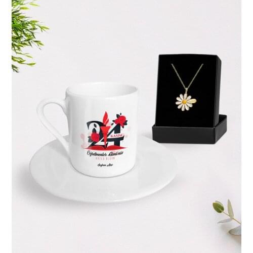 Personalized Teachers Days Happy Turkish coffee Cup and Is Daisy Necklace Gift Seti-10