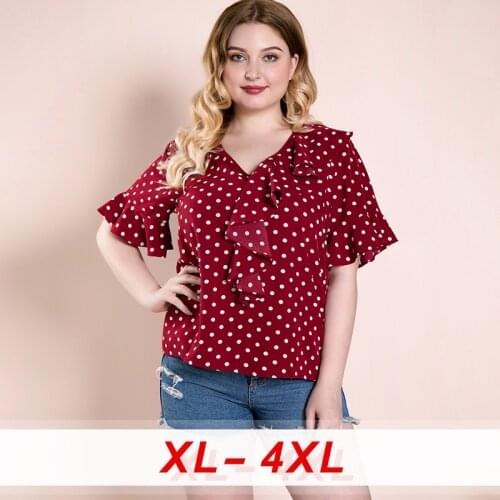 Plus Size Red Polka Dot Blouses Women Short Ruffled Sleeves V Neck Women Tops Vintage Ruffles Trim Casual Big Size Blouse 2020