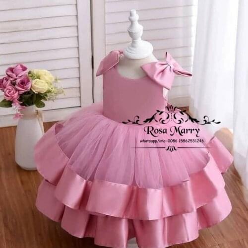 Pink Ball Gown Cupcake Flower Girls Dresses 2021 Ball Gown Bow Tiered Tulle Birthday Party Prom First Communion Party Gowns