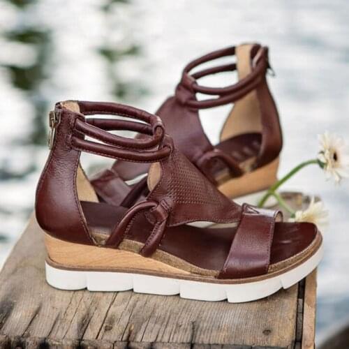 Womens Sandals 2021 Summer Casual Breathable Open Toe Zipper Solid Color Sandals For Women Vintage Mid Heels Wedge Shoes