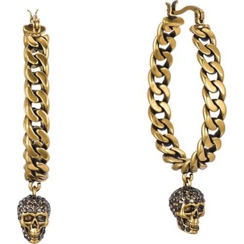 CZ Zircon Skeleton Head Chain Cross Dangle Earring Brass Made Old Skull Brass Earring for Men Women Party Jewelry 925 Ear Pin