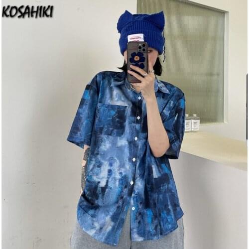 KOSAHIKI Summer Women Tops Blouse Harajuku Tie Dye Print Women Shirt Top Short Sleeve Female Blusas Casual Loose Streetwear