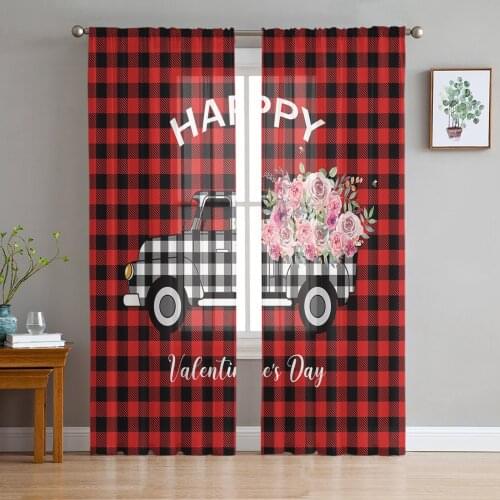 ValentineS Day Red Plaid Truck Flowers Sheer Curtains for Living Room Tulle for Windows Voile Yarn Short Bedroom Curtains