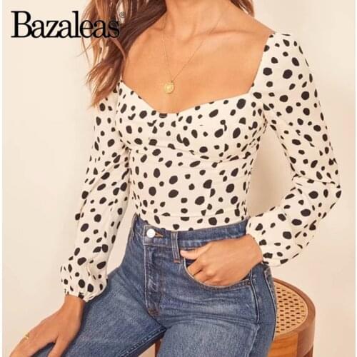 Bazaleas Retro Square Collar Women blouse Vintage shirt women White Leopard Print blusas mujer de moda 2019